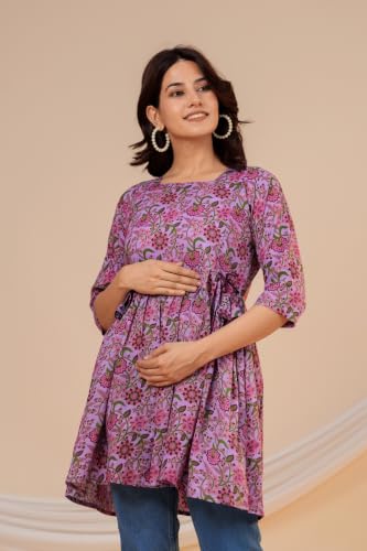 Image of THE Moon Star Women's Cotton Floral Printed Anarkali Maternity Feeding Kurti | Breastfeeding Dress for Mothers | Zipper Feeding Kurti, Nursing Kurti, Comfortable and Trendy Maternity Wear