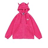 CORIRESHA Women's Hoodie Waffle Devil Horn Hoodie Oversized Zip-Up Jacket