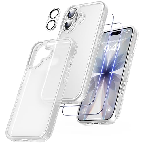 FLLAO 5 in 1 Cover per iPhone 17 con 2 Pellicola Vetro Temperato e 2 Fotocamera Protettiva, [Cuscino d'aria integrato] Antiurto Antigraffio Morbido TPU Bumper Phone Custodia, Bianco