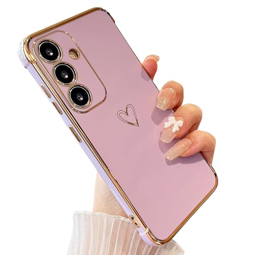 Knoowcase - Knoowcase Samsung Galaxy S25 FE Case Samsung S25 FE Phone Case for Girls Women Shockproof Flexible Silicone Bumper Lens Protection Luxury Plated Gold Heart Slim Anti Scratch Phone Cover, Purple