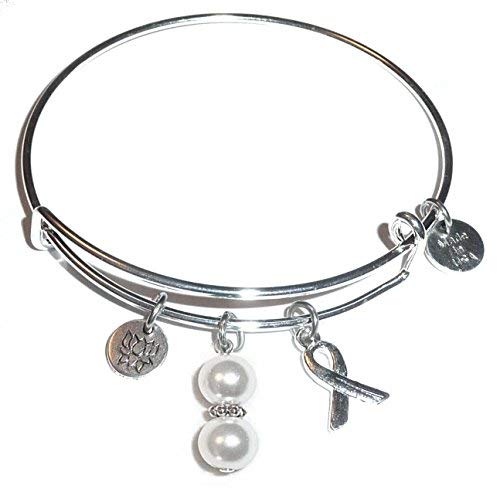 Hidden Hollow Beads Cancer Awareness (Hope for the Cure) Expandable Wire Bangle Bracelet, Comes in a GIFT BAG! (Lung Cancer (White Pearl))