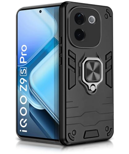 Image of WOW IMAGINE Shock Proof Back Case Mobile Cover for iQOO Z9s Pro 5G | Vivo T3 Pro 5G | Back Cover Case (Tough Armor | Hybrid PC + TPU | Ring Holder & in-Built Kickstand | Black)
