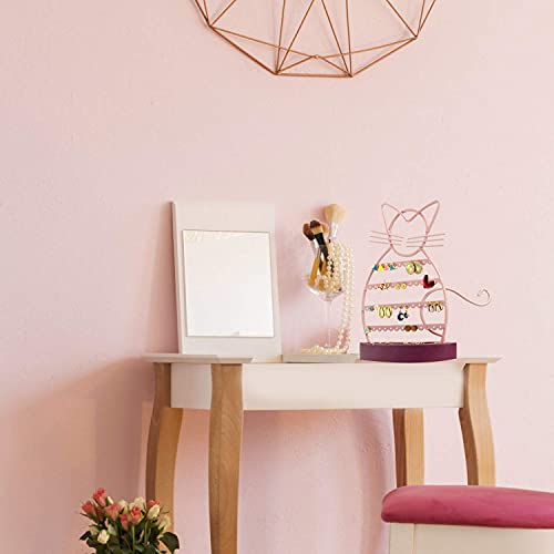 ERYTLLY Earring Holder Organizer, Cat Shaped Earring Organizer Stand With Wood Base Necklace Holder Organizer-47 Stud Earrings Holes Bracelet Holder (Pastel Pink) - Image 6