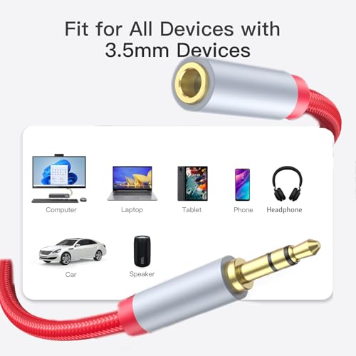 Image of 3.5mm Extension Cable 6.6ft - Headphone Extension Cable Nylon Braided Aux Cord Extender for Smartphones, Tablets, Media Players (No Mic Support) -Red