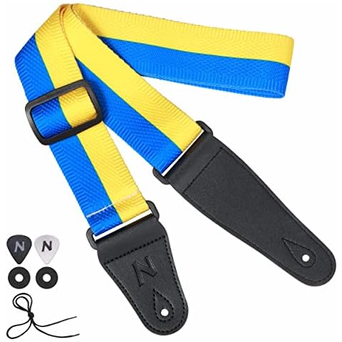 Nefelibata Guitar Strap, Cotton Double Layer Cotton Guitar Straps with Longer Leather Ends for Bass, Electric & Acoustic, Best Gifts for Kids, Men & Women Guitarists (Ukrainian Blue Yellow) Cover