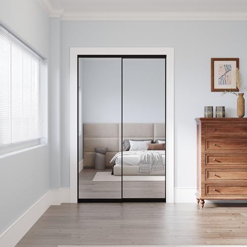 Image of Sliding Closet Doors 48 inch x 80 inch(Double 24.4 inch x 80 inch), Mirrored Doors Aluminum Frame with Hardware Kit & Guide, Interior Door for Bedroom No Assembly Required, Black