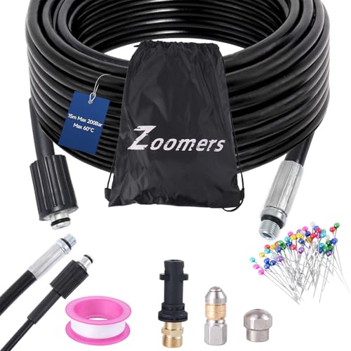 Zoomers Manguera Limpieza de Tuberías Kit: Manguera Hidrolimpiadora 15m 200bar 60°C ; Adaptador para Kärcher Maquina K2-K7; 2 Boquillas de Limpieza de Tuberías para Desatascador Tuberias a Presion