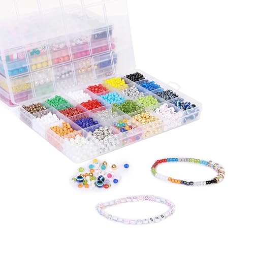 Image of ambitieux Bracelet Making Kit with 2900+ Pcs - Seed Beads, Evil Eye, Alphabet, Metallic, Tools & Pouch for Girls DIY Jewelry Craft Birthday Gift for Girls 2 3 4 5 6 7 8 9 Years