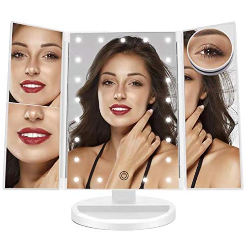 LOVESPEJO Trifold Makeup Mirror with Lights, 21 LED Vanity Mirror with 1x 2X 3X 10x Magnification, 180° Adjustable Rotation Mirror for Countertop Stand, Dual Power Supply, Touch Screen White