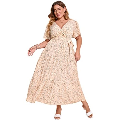 KOJOOIN Women Plus Size V Neck Wrap Maxi Dress Short Sleeves High Waist Ruffle Summer Casual Dress with Belt, XX-Large, Apricot Purple Flower