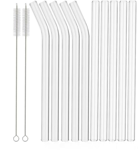 12 Pailles Et Brosses Réutilisables En Verre Borosilicaté Mesurant 7 Po X 8 Mm, Dont 5 Tubes Droits, 5 Coudes Et 2 Pailles Pour Jus, Café Et Cocktails