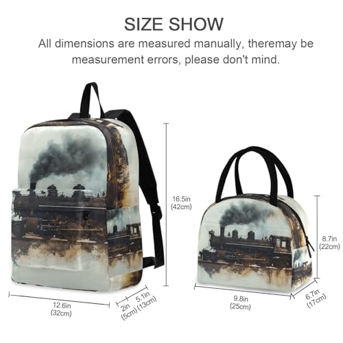 Vintage Train Print Backpack Set with Lunch Bag, Large Capacity Travel Backpacks and Lunch Box Insulated for Commute Hiking Picnic2