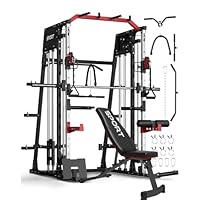 Joankaren Smith Machines Home Gym with Bench – Squat Rack, Dual LAT Pull-Down & Cable Crossover Machine for Full-Body Workouts, Adjustable Resistance, Heavy-Duty 2000 lbs Capacity, Red & Black