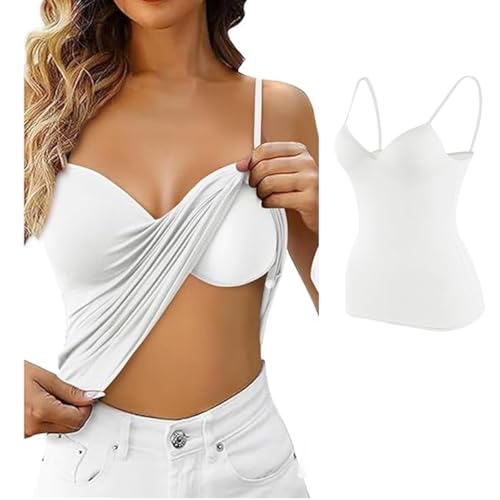 Ruayia Tops Mit Integriertem BH, Tanktop Damen Baumwolle, Unterhemd BH-Hemd, Verstellbarer Spaghettiträger Tops Baumwolle Tank Top Mit Regal BH, Weiß (M)