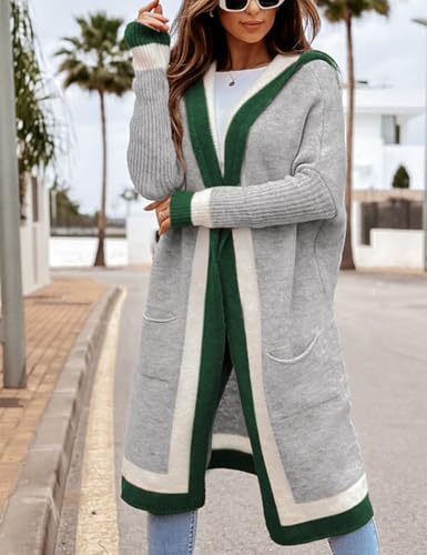 Yimoon Womens Long Cardigan Sweater Color Block Open Front Hooded Cardigan Oversized Knit Sweater OutwearGrey-S2