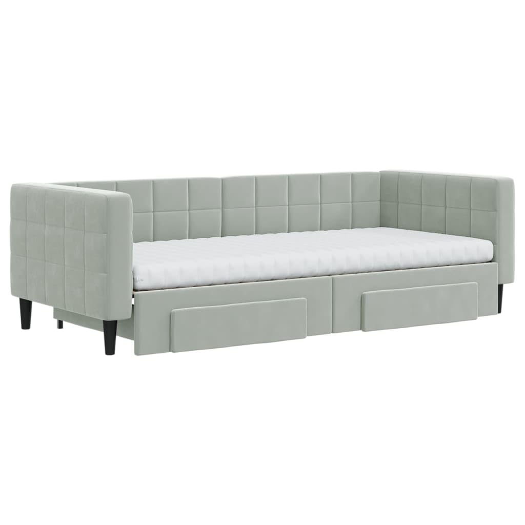 Łóżko dzienne wysuwane z szufladami, jasnoszare, aksamitne, 90 x 200 cm, sofa do spania z materacem piankowym, wytrzymała rama drewniana, metalowa rama, meble funkcyjne oszczędzające miejsce