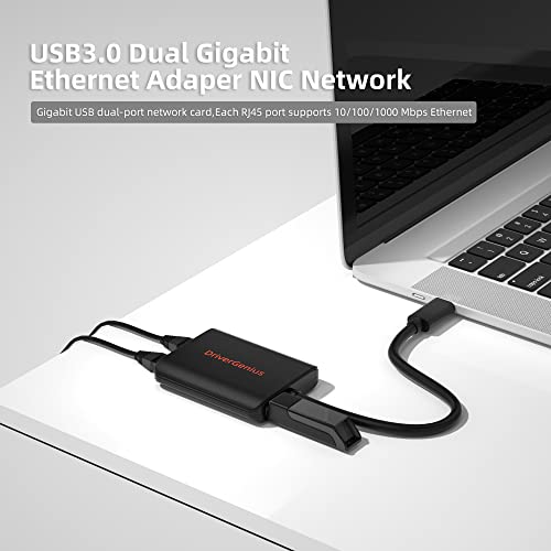 DriverGenius USB 3.0 to Dual Port Gigabit Ethernet Adapter NIC w/USB Port - Compatible for Windows 11, macOS 14 Sonoma (CU200)