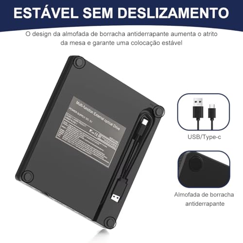 Gravador de DVD Externo 8-em-1, USB 3.0, Tipo-C, Portas Micro SD e T-Flash