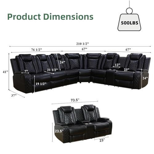 Image of Power Reclining Sectional Couch for Living Room - Seats 8 People, Faux Leather Sectional Recliner Living Room Sofa Set with 4 Power Recliners, LED, USB Ports, Cup Holders, Storage, 500 lb /Seat, Black