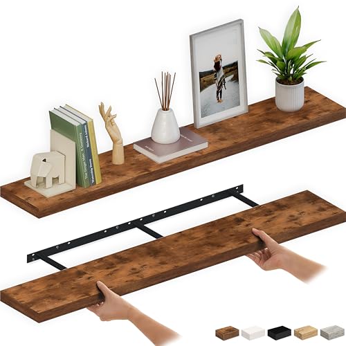 Ballucci Floating Shelves for Wall 60 Wood Wall Shelf Set of 2 with Invisible Brackets for Bathroom Living Room Bedroom Kitchen Nursery 8 Deep Rustic Brown
