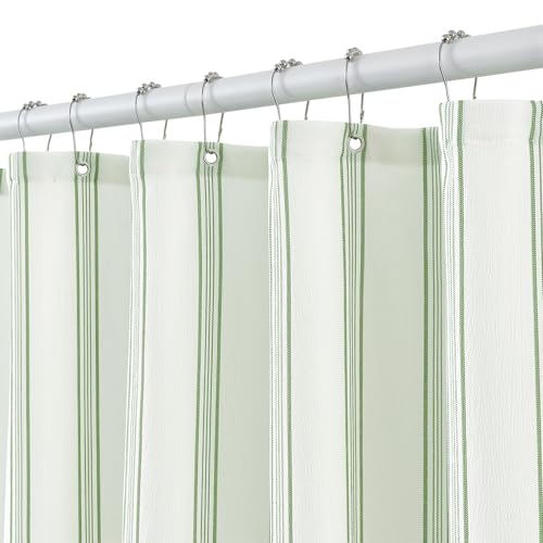 ORTIGIA Green and White Striped Shower Curtain with 12 Metal Hooks, Crinkled Lightweight Textured Fabric Modern Farmhouse Minimalist Bathroom Curtain 72x72 Inch