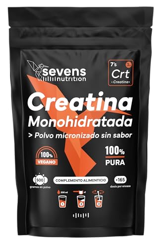 Creatina Monohidratada en Polvo 500g Sin sabor - 100% Monohidrato de Creatina Micronizada – Alta Pureza Sin Aditivos – 100% Vegana y Sin Gluten y Libre de Contaminantes – Creatina en Polvo Sevens