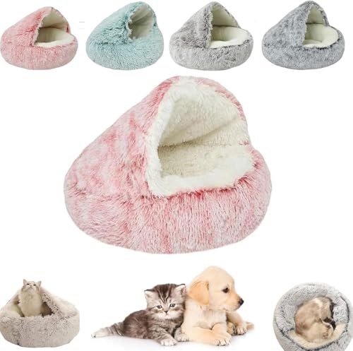 Lapcatz - Cama nido para mascotas, cueva cálida cubierta para gatos, cama calmante para perros, redonda, afelpada, esponjosa, con capucha (rosa, 40 cm)