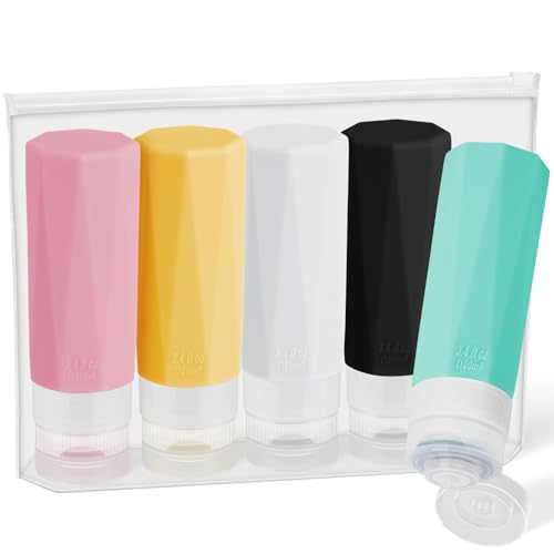 Alyvisun 5 Stück Reiseflaschen Set, 100ml Silikon Reiseflaschen zum Befüllen, Auslaufsicher Reisegröße Behälter mit Aufbewahrungstasche, für Shampoo, Kosmetik, Lotion