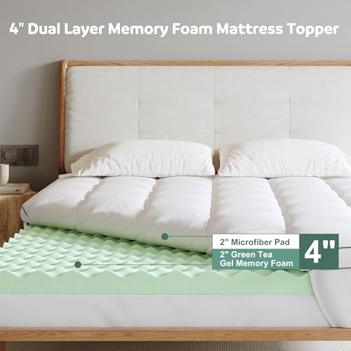 Lazyzizi Memory Foam Mattress Topper King, 4inch Dual Layer Cooling 2''Gel Green Tea Memory Foam & 2" PillowTop Mattress Pad, 8-21inch Deep Pocket, Egg Crate for Back Pain Relief by Lazyzizi - Image 3