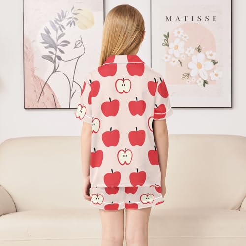 Cartoon Cute Apple Print Summer Satin Pajama Set, Cute Button-Down Sleepwear Pj Set for Sleep Wears4