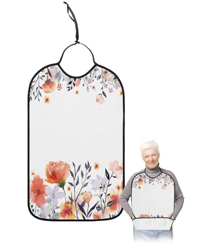 Leaves Flower Adult Bib for Adults Men, Women, Washable & Adjustable Terry Cloth Bib with Crumb Catcher Reusable Waterproof Clothing Clothes Protector Apron Watercolor Floral Botanical Orange