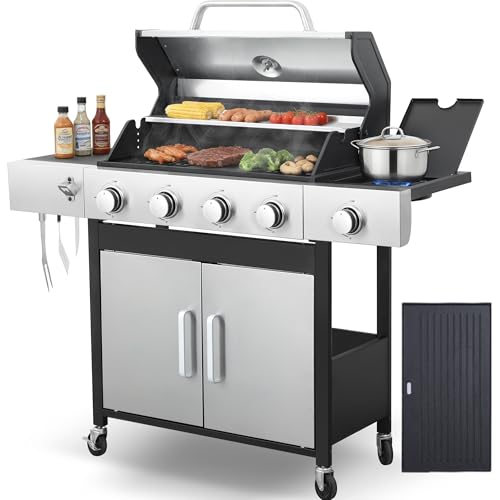 4-Burner Propane Gas Grill with Side Burner, 46,000 BTU Outdoor BBQ Grill with Porcelain-Enameled Cast Iron Grates and Griddle Pan, Built-in Thermometer Stainless Steel Grill for Outdoor Cooking