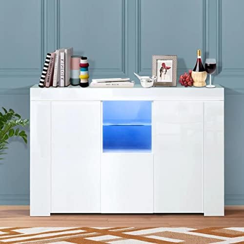 ARMCONE LED Sideboard Buffet Cabinet High Glossy Front Kitchen Sideboard with Storage Large Buffet Table Wooden Bar Cabinet for Kitchen Dining Room Hallway Living Room (45.67" Wx13.82 Dx31.89 H)