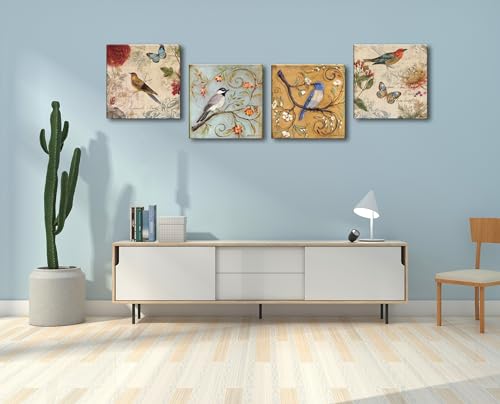 Image of Flowers Birds Canvas Wall Art for Bedroom Floral Wall Decor Butterfly Picture Framed Artwork Vintage Prints Paintings for Bathroom Kitchen Decorations