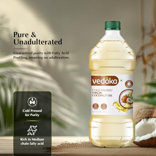 Image of Amazon Brand - Vedaka Cold Pressed Virgin Coconut Oil | 2 L | Pure & Unrefined | Zero Trans Fat | Rich Aroma & Flavour Of Coconuts | For Daily Cooking With Multipurpose Usage