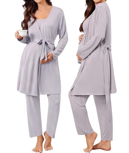 Image of SWOMOG Maternity Nursing Robe Set 3 Piece Breastfeeding Pajamas 3 in 1 Labor Delivery Sleevless Tops&Long Pants Pregnancy Pjs