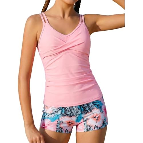 Tween Girls Tankini Swimsuit 2 Piece Bathing Suit Criss Cross Ruched Girl Swimwear with Chest Pad 8-16 Years 16 Pink Floral