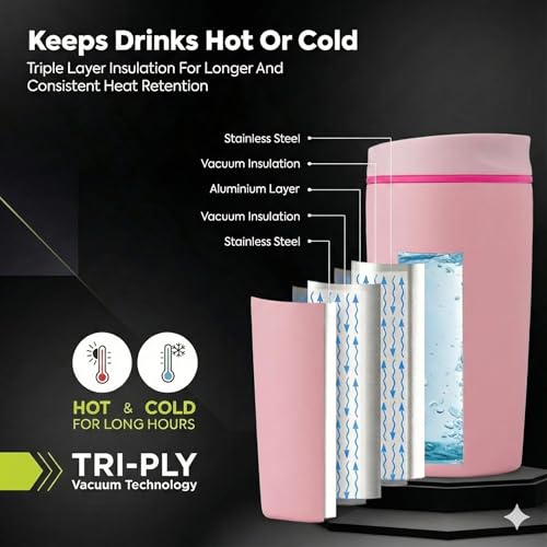 Image of EasySip Slider Insulated Stainless Steel Coffee Tumbler, Reusable Hot & Iced Coffee Travel Mug, Leak-Proof BPA-Free Cup (Pink, 12 oz)