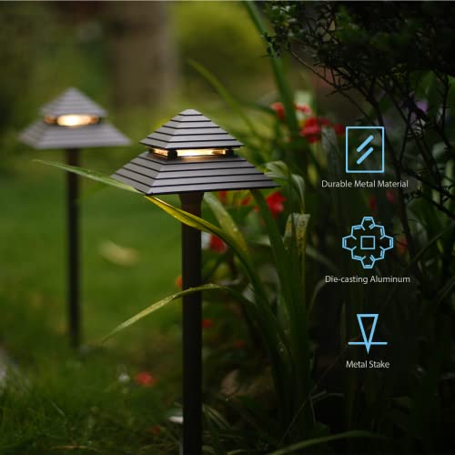 Goodsmann Landscape Lighting Low Voltage 4Pk Path Light 1.1W 32 Lumens With 2Pk 2-Tier Pagoda Path Light 3W 180 Lumen Floodlight With Connector And Metal Stake For Outdoor Lighting Driveway, Yard, Law #TOP4