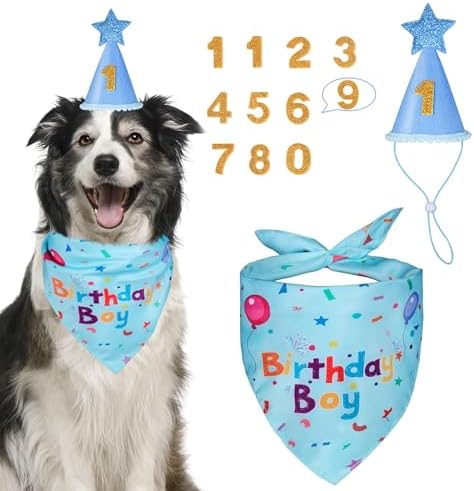 Yicostar Dog Boy Girl Birthday Party Hat, Dog Birthday Party Supplies, Birthday Bandana Set with Numbers for Gaint and Extra Large Dogs (Blue)
