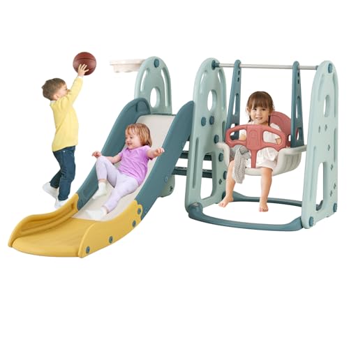 Image of Maxmass Toddler Slide and Swing Set, Children Playground Playset with Basketball Hoop, Long Slide and Climb Ladder, Indoor Kids Play Area for Boys Girls (Green, 198x149x96cm)