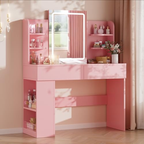Airfish Tocador de Maquillaje con Espejo LED, Luz Ajustable y Amplio Almacenamiento, Mesa de Maquillaje Moderna con 4 Estantes, 2 Cajones y Almacén Lateral, 108x40x136 cm (Rosa)