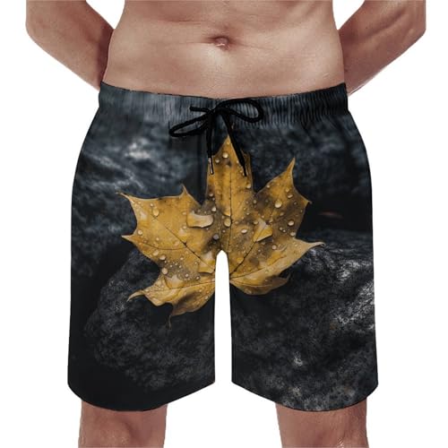 Men's Swim Trunks Quick Dry Board Shorts with Pockets Beach Shorts Leaves on Wet Rocks Bathing Suits for Men