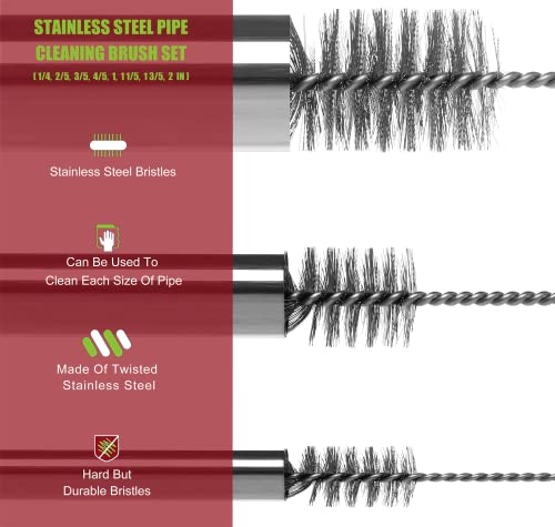 16 Inch Extra Long Pipe Cleaning Brush Set Stainless Steel Bristles, Stainless Steel Pipe Brush Steel Bottle Brush 8 Piece Variety Pack for Auto Parts, Bottles, Guns, Tubes, Etc.