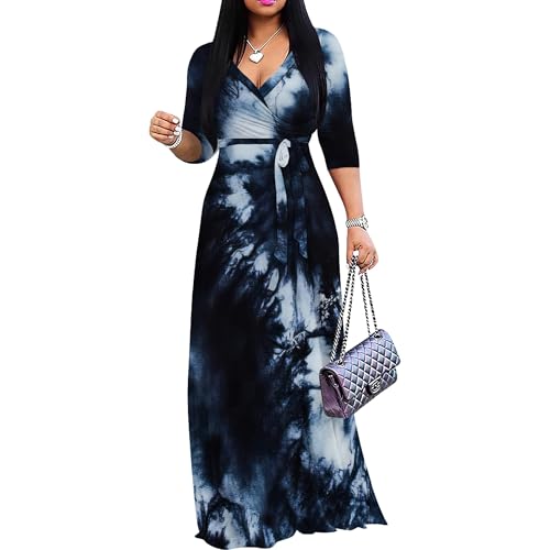 PinkPatty Women's Tie Dye Maxi Dress 3/4 Sleeves V Neck Cocktail Party Dress Belted Wrap Dresses(Tie Dye18 XL)