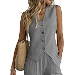 heipeiwa Women's Cotton Linen Vest Button Down Sleeveless V Neck Tank Tops Waistcoat Jacket Grey