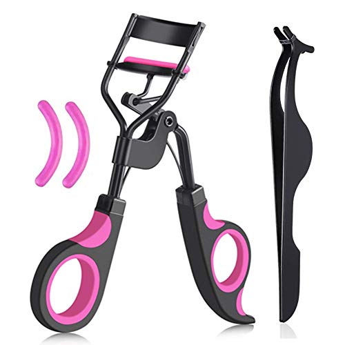 Eyelash Curler Kit Beauty Makeup Tools,With 2 Styles Eyelash Curlers And 2 Silicone Replacement Pads And 1 Eyelash Extension Tweezers, for Eyelashes Curling Natural and Long Lasting (Pink)