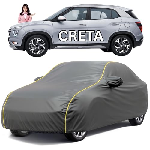 Image of Car Cover for Hyundai Creta All Model & Years (2015-2025) 100% Waterproof with Mirror Pockets, Triple Stitched Bottom Elastic Dustproof Full Body Protection (Heat & UV Resistant- Grey