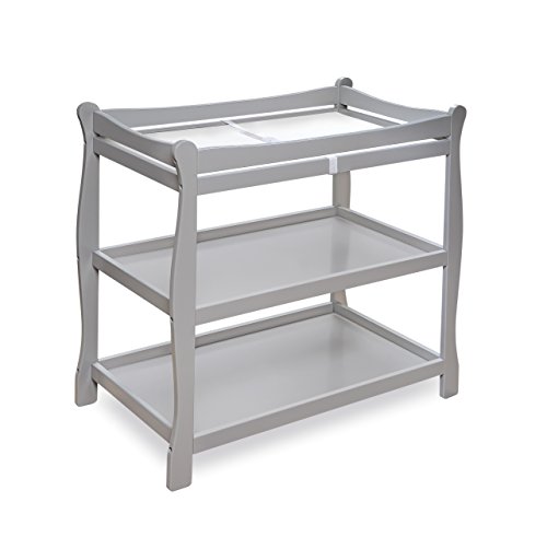 Image of Badger Basket Sleigh Style Baby Changing Table - Nursery Diaper Station with Safety Rails, Foam Pad, and Two Storage Shelves - Nursery Organizer - Gray