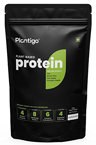 Image of Plantigo Plant Protein Powder, 24G (Pea Protein & Brown Rice), Men & Women, Muscle Gain Support & Recovery, Complete Amino Acid Profile, Dietary Supplement, Cappuccino, 35G